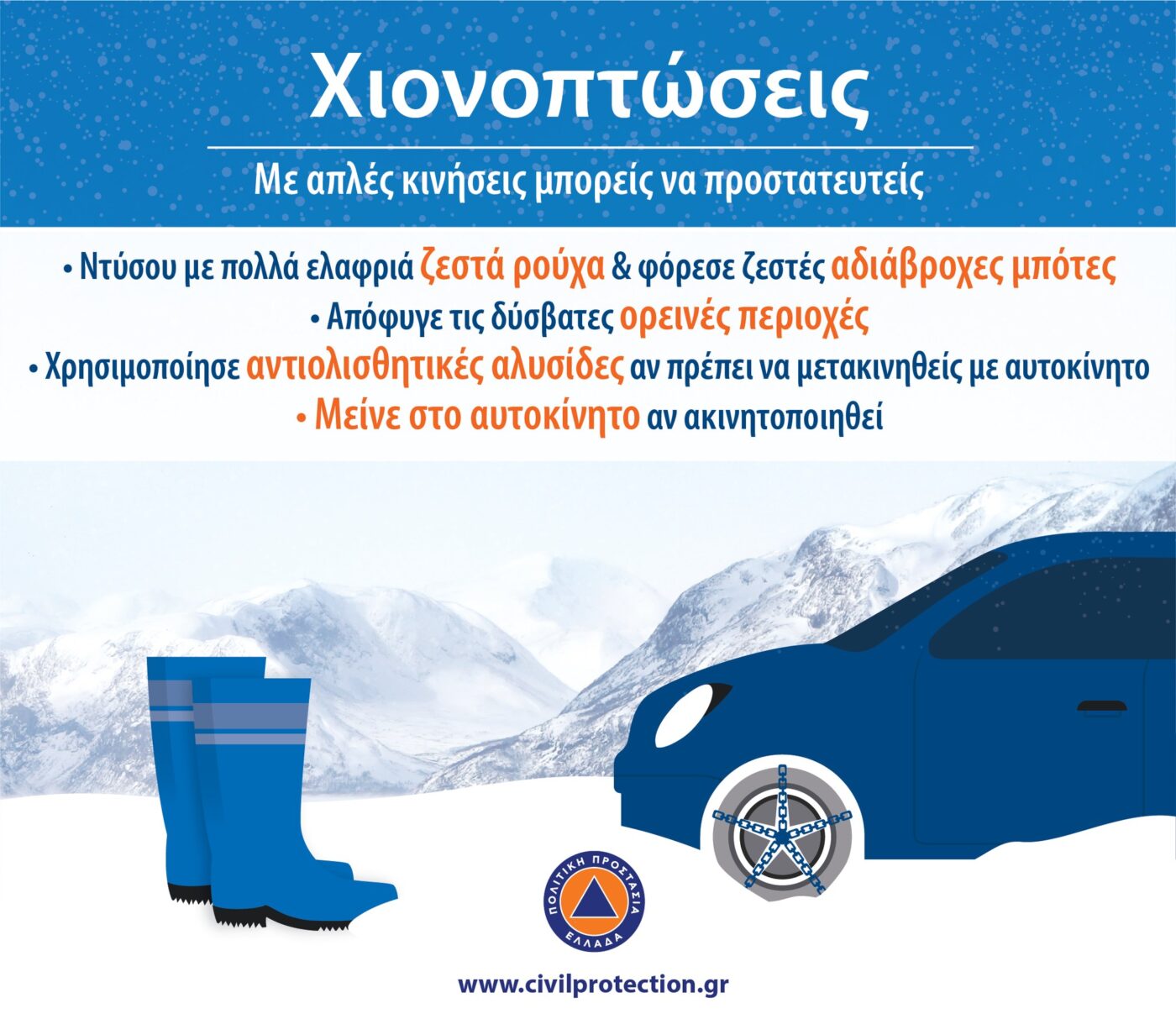 Οδηγίες Πολιτικής Προστασίας λόγω της επιδείνωσης του καιρού με δριμύ ψύχος, και χιονοπτώσεις