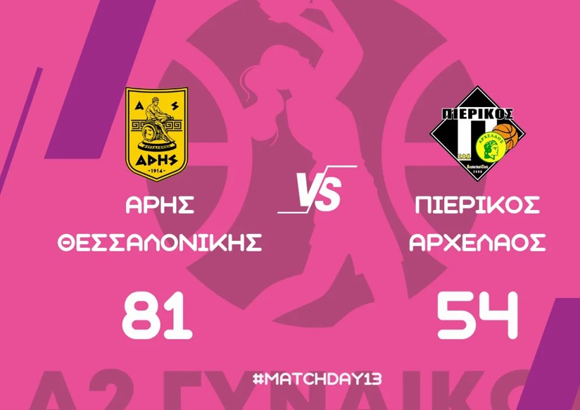 Α2 Εθνική Κατηγορία Γυναικών (13η αγωνιστική): ΑΣ Άρης Θεσσαλονίκης – ΣΦΚ Πιερικός Αρχέλαος 81-54